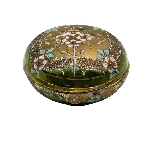 Vintage French Green Hand Painted Gold Rim Dresser Vanity Trinket Box Signed - Picture 2 of 10